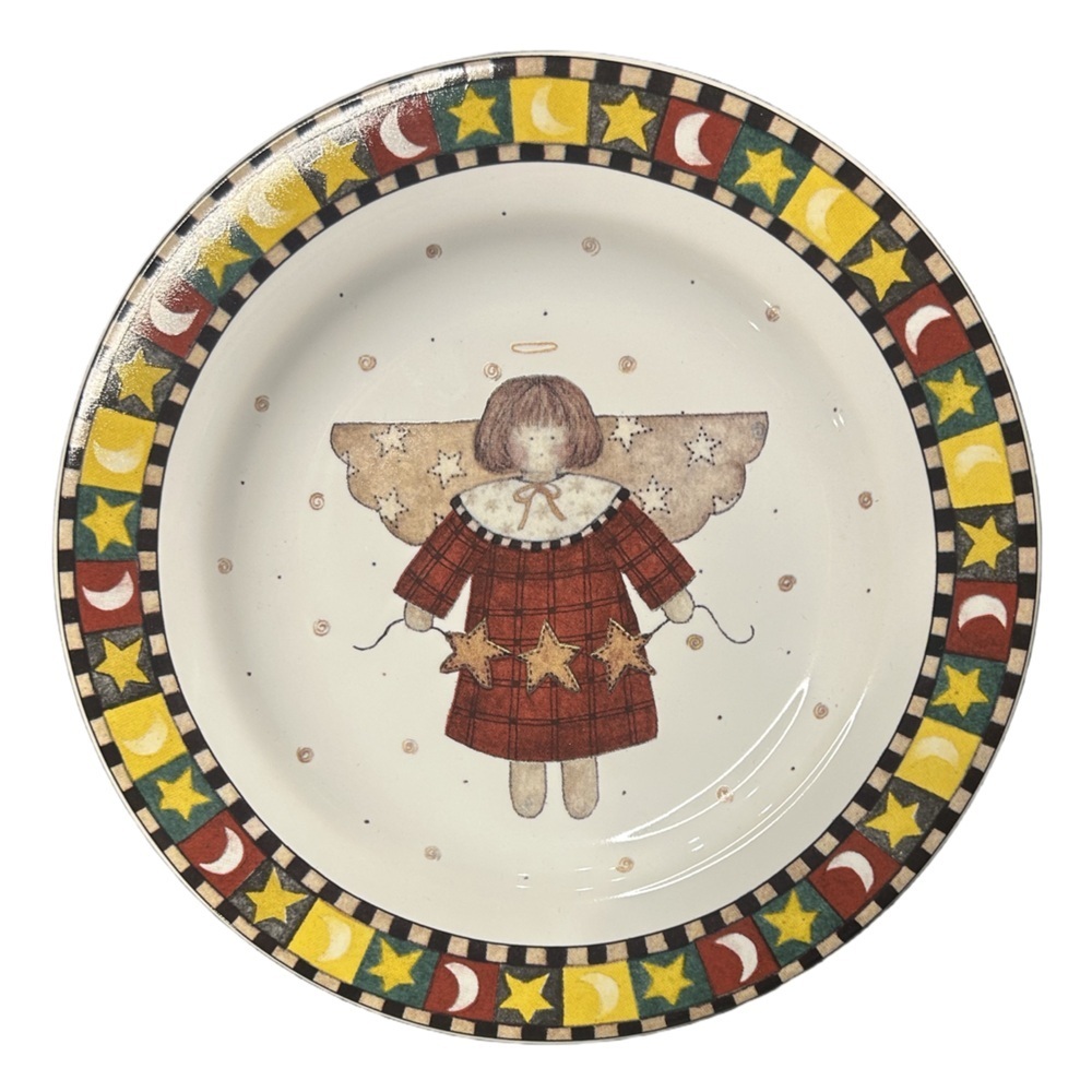VTG Debbie Mumm whimsical country primitive Xmas angels 4 piece plates set NEW - Picture 3 of 10